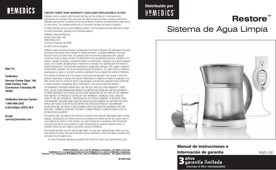 Restore, Sistema de agua limpia, Manual de instrucciones e información de garantía | Rws-100 | HoMedics Restore RWS-1FL User Manual | Page 9 / 16
