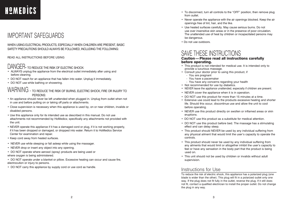 Save these instructions, Important safeguards, Danger | Warning, Instructions for use | HoMedics OCTS-200 User Manual | Page 2 / 17