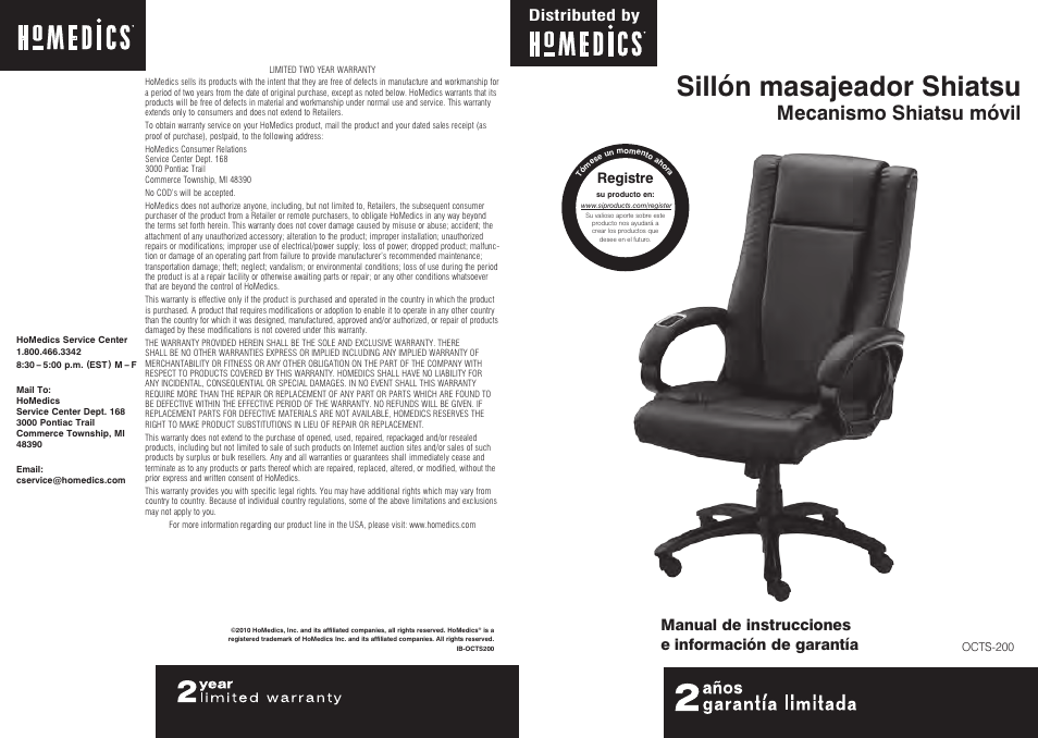 Sillón masajeador shiatsu, Mecanismo shiatsu móvil, Distributed by | Manual de instrucciones e información de garantía, Registre | HoMedics OCTS-200 User Manual | Page 9 / 17