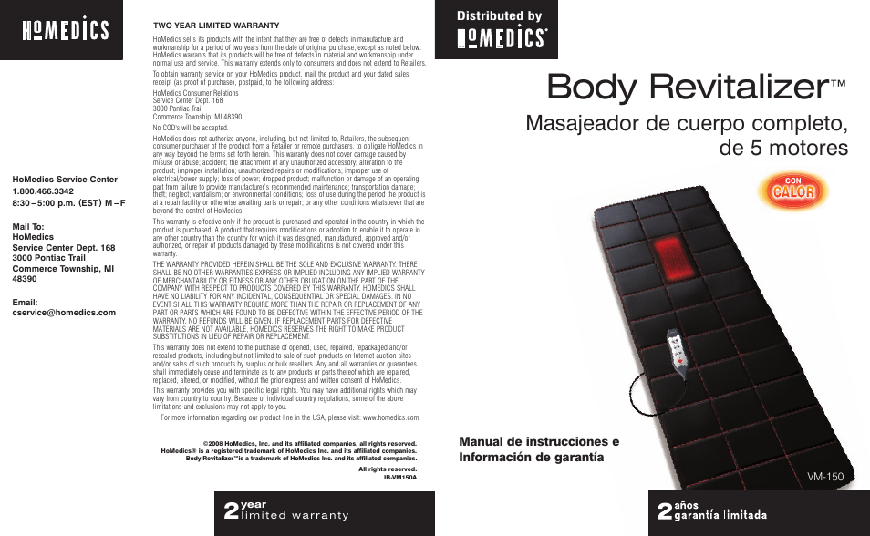 Body revitalizer, Masajeador de cuerpo completo, de 5 motores | HoMedics Body Revitalizer IB-VM150A User Manual | Page 5 / 8