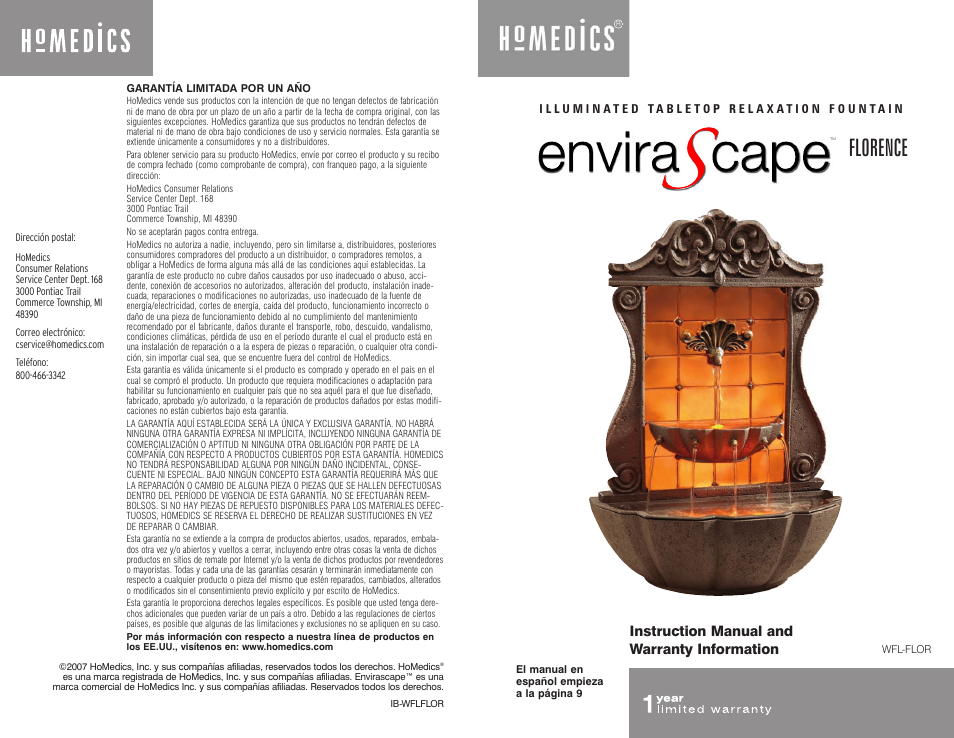 HoMedics EnviraScape Tabletop Relaxation Fountain WFL-FLOR User Manual | 8 pages