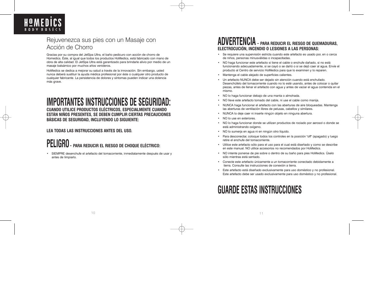 Advertencia, Guarde estas instrucciones, Importantes instrucciones de seguridad | Peligro | HoMedics JS-200P User Manual | Page 6 / 8