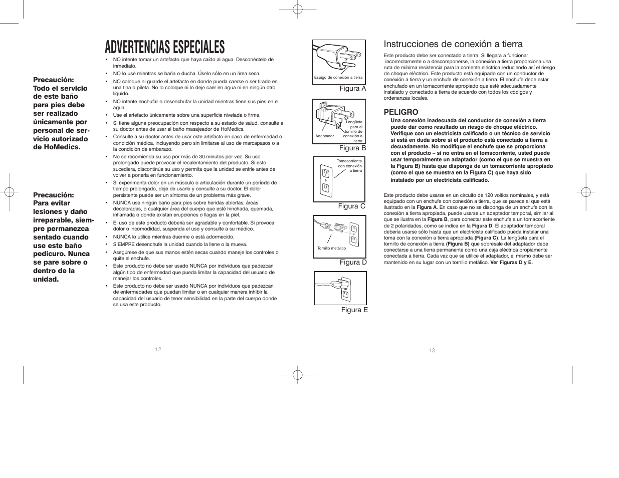 Advertencias especiales, Instrucciones de conexión a tierra, Peligro | HoMedics JS-200P User Manual | Page 7 / 8