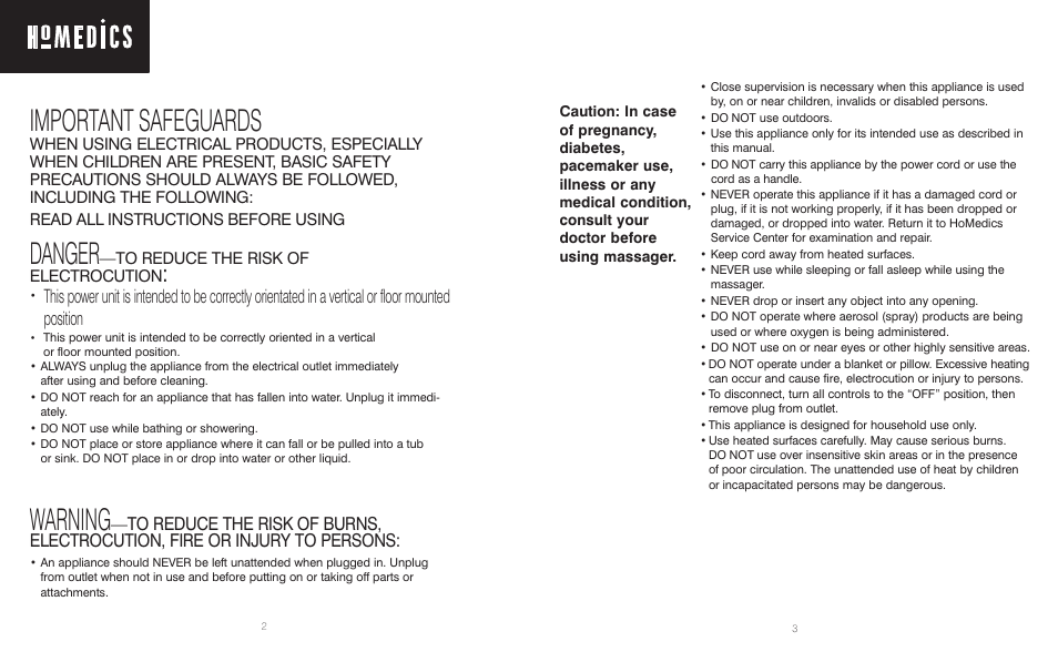 Important safeguards, Danger, Warning | HoMedics Neck & Shoulder Massager NMSQ-200-1 User Manual | Page 2 / 8