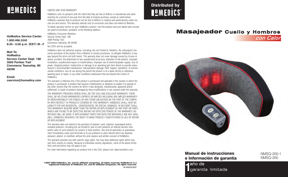 Masajeador, Con calor, Manual de instrucciones e información de garantía | HoMedics Neck & Shoulder Massager NMSQ-200-1 User Manual | Page 5 / 8