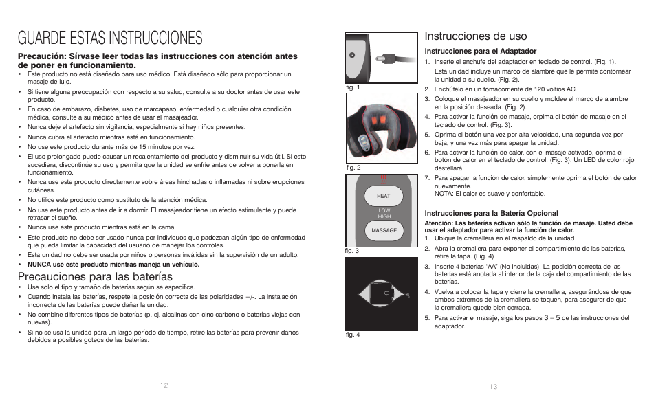 Guarde estas instrucciones, Instrucciones de uso, Precauciones para las baterías | HoMedics Neck & Shoulder Massager NMSQ-200-1 User Manual | Page 7 / 8