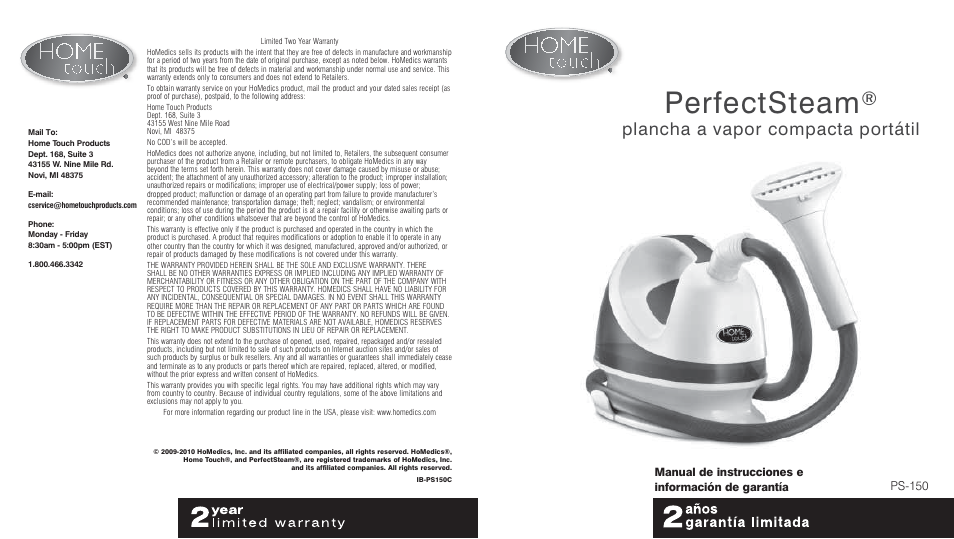 Perfectsteam, Plancha a vapor compacta portátil, Ps-150 | HoMedics PerfectSteam PS-150 User Manual | Page 7 / 12