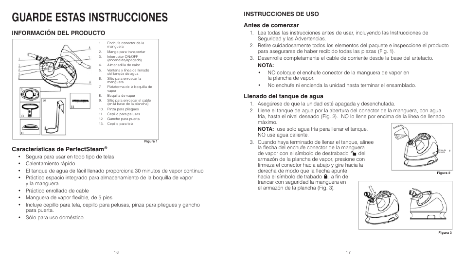 Guarde estas instrucciones, Instrucciones de uso antes de comenzar, Llenado del tanque de agua | HoMedics PerfectSteam PS-150 User Manual | Page 9 / 12