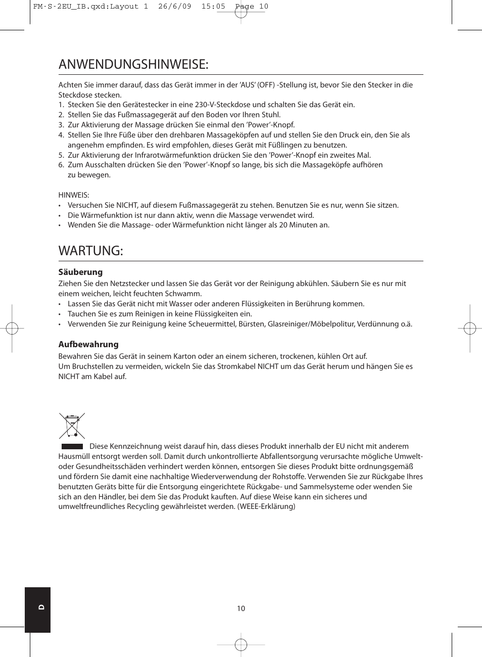 Anwendungshinweise, Wartung | HoMedics SHIATSU FOOT MASSAGER FM-S-2EU User Manual | Page 10 / 32