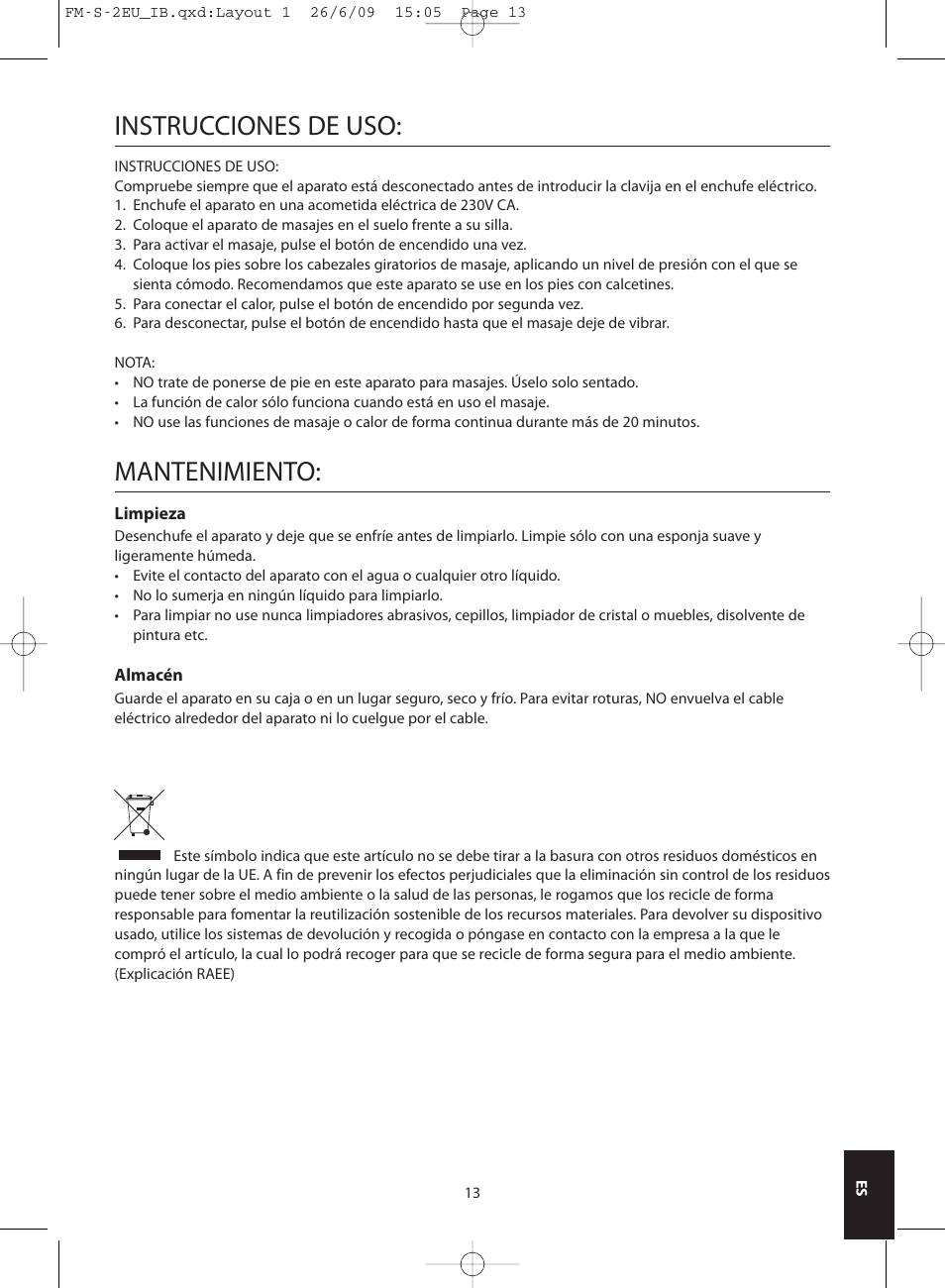 Instrucciones de uso, Mantenimiento | HoMedics SHIATSU FOOT MASSAGER FM-S-2EU User Manual | Page 13 / 32