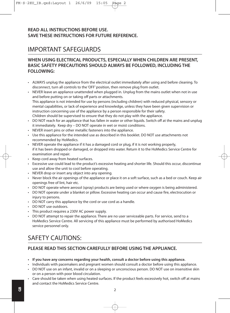 Important safeguards, Safety cautions | HoMedics SHIATSU FOOT MASSAGER FM-S-2EU User Manual | Page 2 / 32