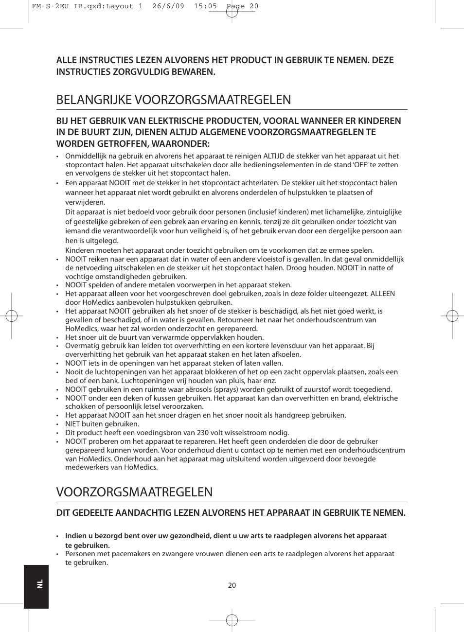 Belangrijke voorzorgsmaatregelen, Voorzorgsmaatregelen | HoMedics SHIATSU FOOT MASSAGER FM-S-2EU User Manual | Page 20 / 32