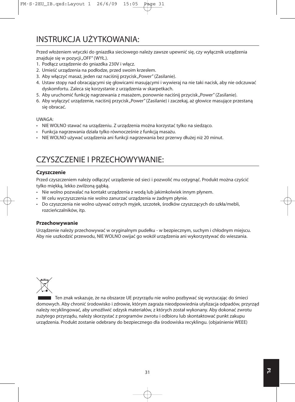 Instrukcja użytkowania, Czyszczenie i przechowywanie | HoMedics SHIATSU FOOT MASSAGER FM-S-2EU User Manual | Page 31 / 32