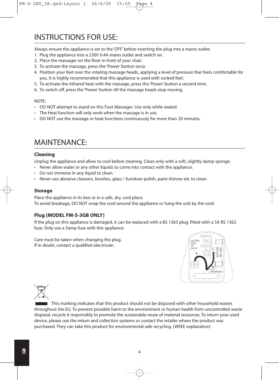 Instructions for use, Maintenance | HoMedics SHIATSU FOOT MASSAGER FM-S-2EU User Manual | Page 4 / 32