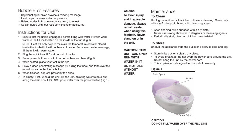 Bubble bliss features, Instructions for use, Maintenance | HoMedics BubbleBliss FB-20 User Manual | Page 4 / 8