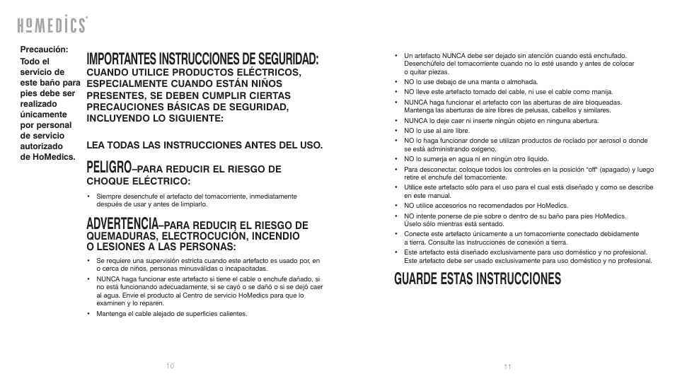 Importantes instrucciones de seguridad, Peligro, Advertencia | Guarde estas instrucciones | HoMedics BubbleBliss FB-20 User Manual | Page 6 / 8