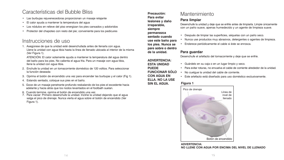 Características del bubble bliss, Instrucciones de uso, Mantenimiento | HoMedics BubbleBliss FB-20 User Manual | Page 8 / 8