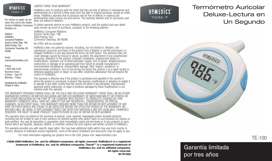 Termómetro auricolar deluxe-lectura en un segundo, Garantía limitada por tres años, Te-100 | HoMedics TE-100 User Manual | Page 10 / 18