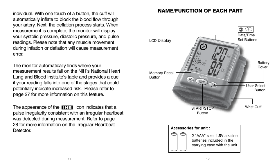 Name/function of each part | HoMedics BPW-201 User Manual | Page 6 / 42