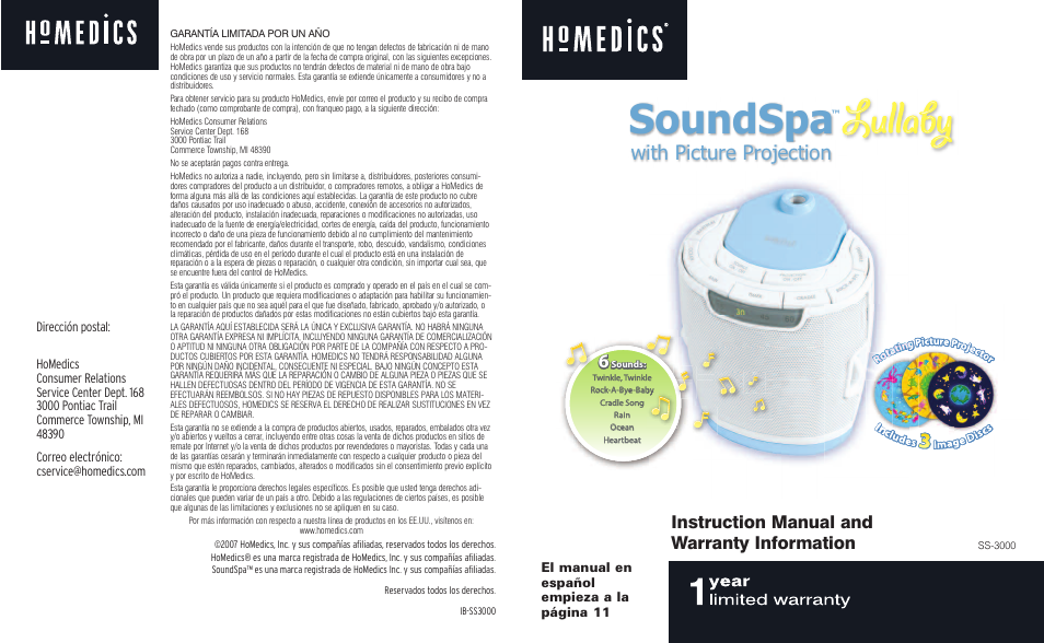 HoMedics SoundSpa Lullaby with Picture Projection SS-3000 User Manual | 10 pages
