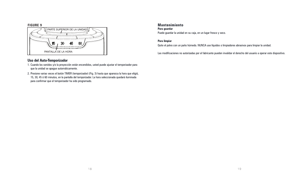 Uso del auto-temporizador, Mantenimiento | HoMedics SoundSpa Lullaby with Picture Projection SS-3000 User Manual | Page 10 / 10