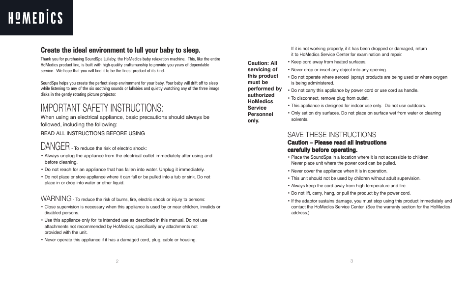 Important safety instructions, Danger, Warning | Save these instructions | HoMedics SoundSpa Lullaby with Picture Projection SS-3000 User Manual | Page 2 / 10