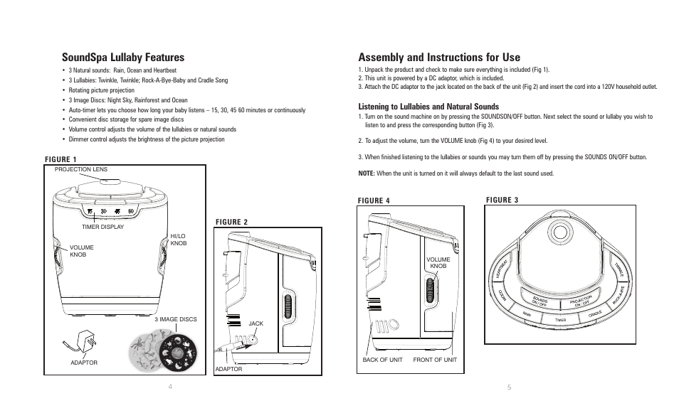 Assembly and instructions for use, Soundspa lullaby features, Listening to lullabies and natural sounds | HoMedics SoundSpa Lullaby with Picture Projection SS-3000 User Manual | Page 3 / 10