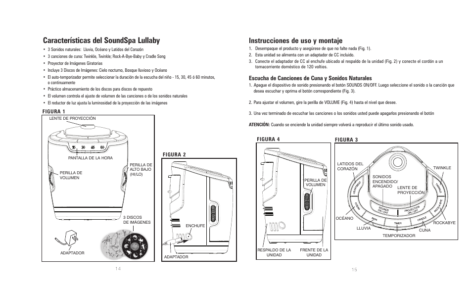Características del soundspa lullaby, Instrucciones de uso y montaje, Escucha de canciones de cuna y sonidos naturales | HoMedics SoundSpa Lullaby with Picture Projection SS-3000 User Manual | Page 8 / 10