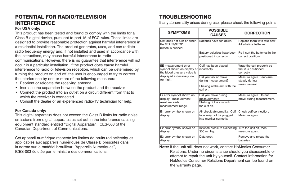 Potential for radio/television interference, Troubleshooting | HoMedics BPA-300 User Manual | Page 16 / 34