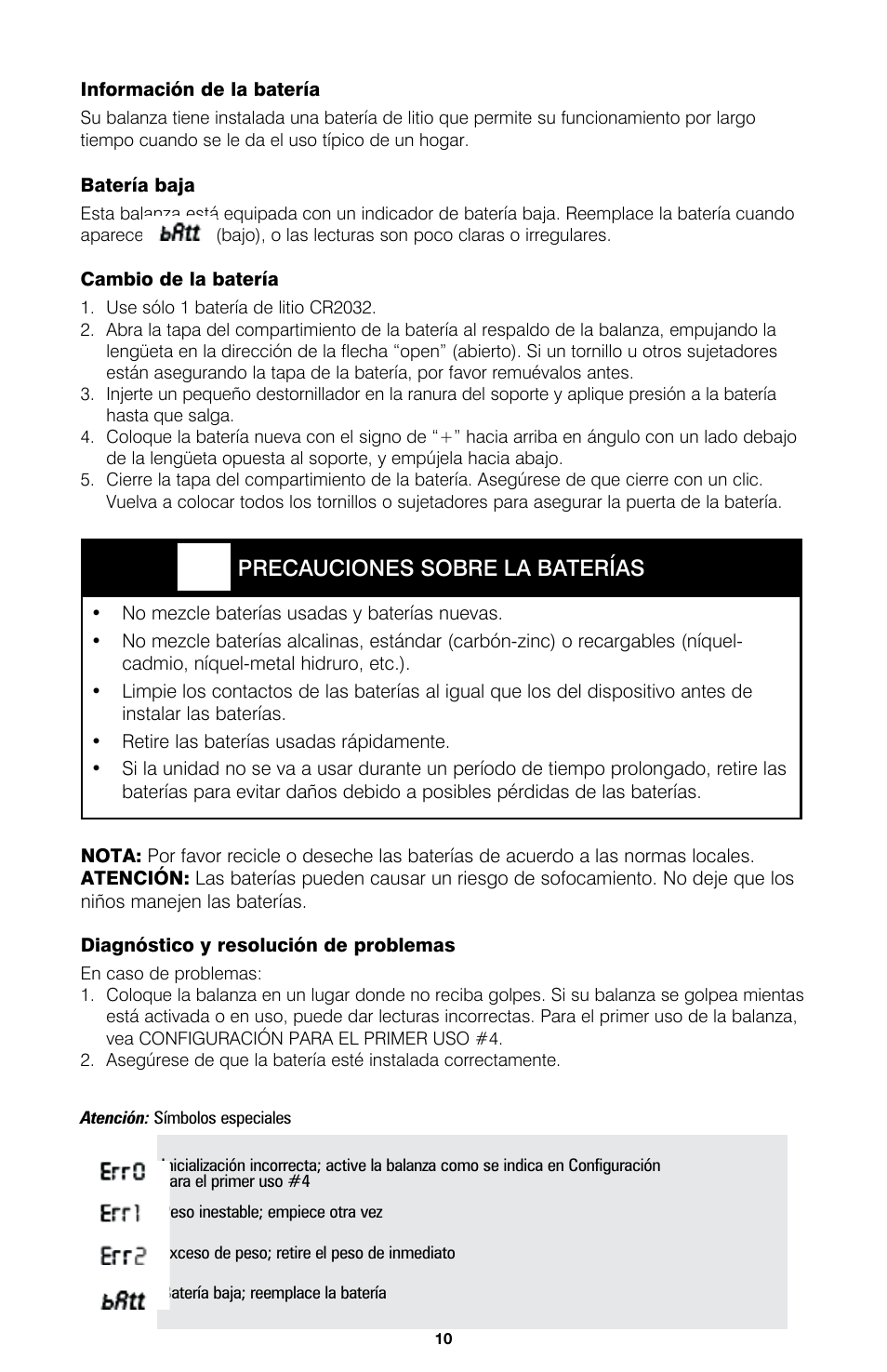 Precauciones sobre la baterías | HoMedics Digital Scale SC-322 User Manual | Page 11 / 12