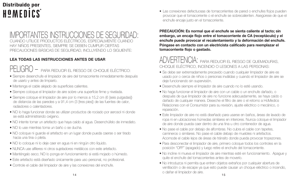 Importantes instrucciones de seguridad, Peligro, Advertencia | HoMedics Professional HEPA Air Cleaner AR-10 User Manual | Page 8 / 14