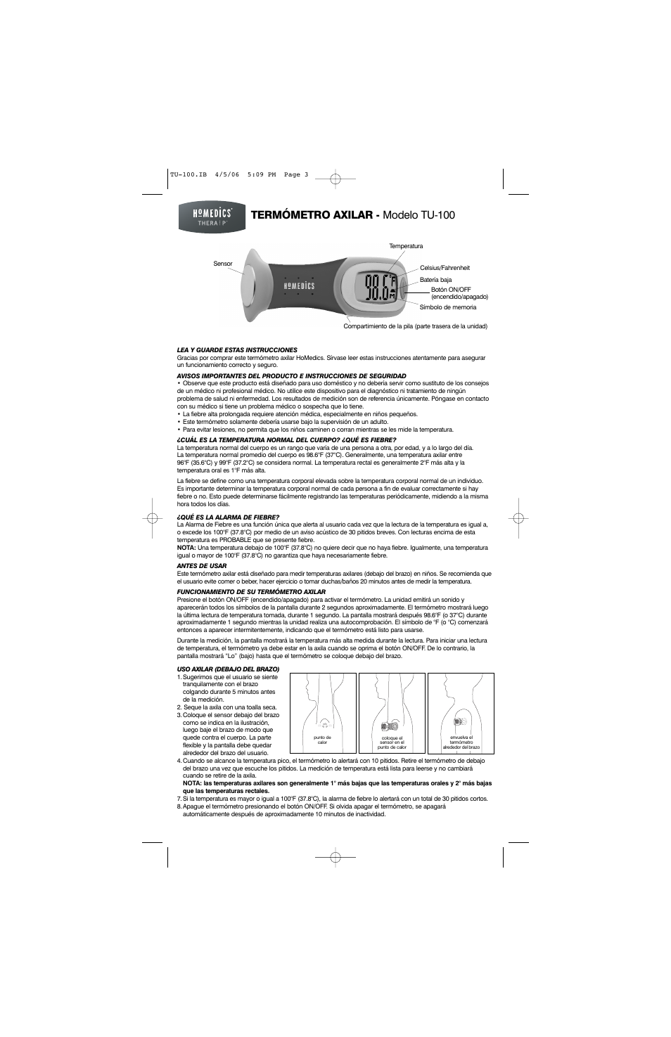 Termómetro axilar - modelo tu-100 | HoMedics TU-100 User Manual | Page 3 / 4