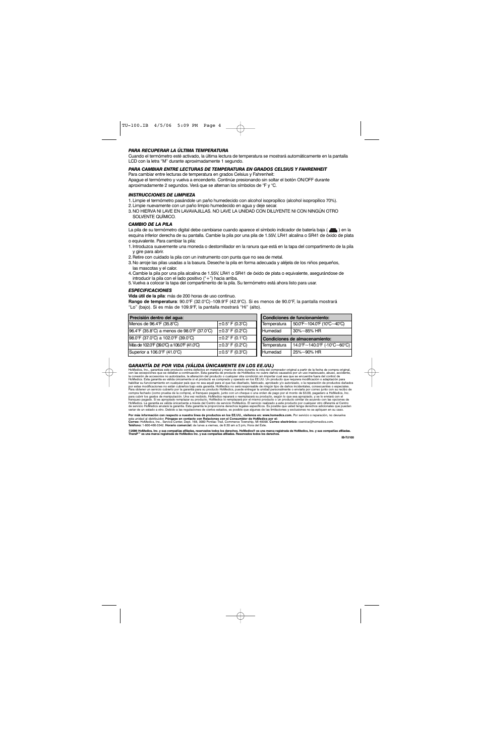 HoMedics TU-100 User Manual | Page 4 / 4