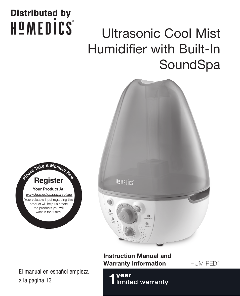 HoMedics Ultrasonic Cool Mist Humidifier with Built-In soundSpa HJM-PED1 User Manual | 7 pages