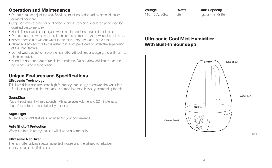 Operation and maintenance, Unique features and specifications | HoMedics Ultrasonic Cool Mist Humidifier with Built-In soundSpa HJM-PED1 User Manual | Page 3 / 7