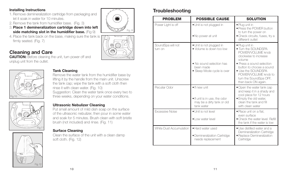 Cleaning and care, Troubleshooting | HoMedics Ultrasonic Cool Mist Humidifier with Built-In soundSpa HJM-PED1 User Manual | Page 6 / 7
