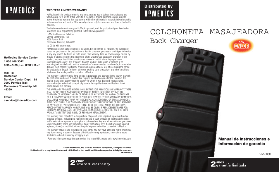 Colchoneta masajeadora, Back charger, Manual de instrucciones e información de garantía | HoMedics Back Charger VM-100 User Manual | Page 5 / 8