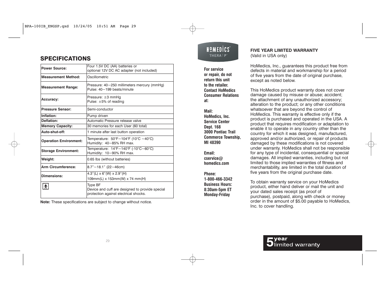 Specifications | HoMedics BPA-100 User Manual | Page 16 / 32