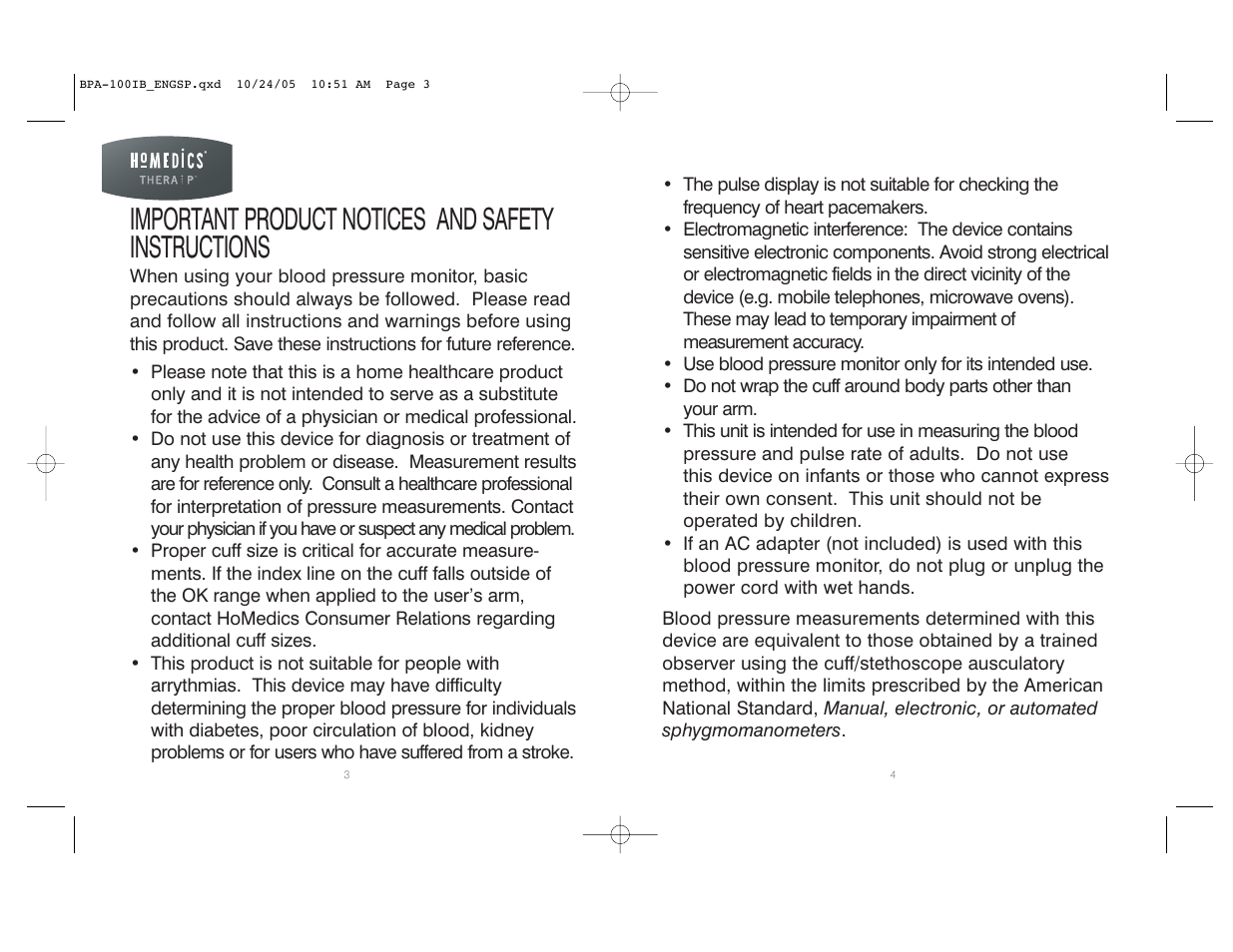 Important product notices and safety instructions | HoMedics BPA-100 User Manual | Page 3 / 32