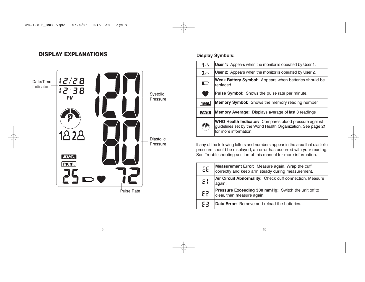 Display explanations | HoMedics BPA-100 User Manual | Page 6 / 32