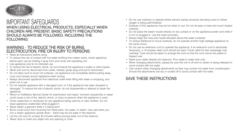 Important safeguards, Save these instructions | HoMedics PerfectSteam PS-250 User Manual | Page 2 / 12