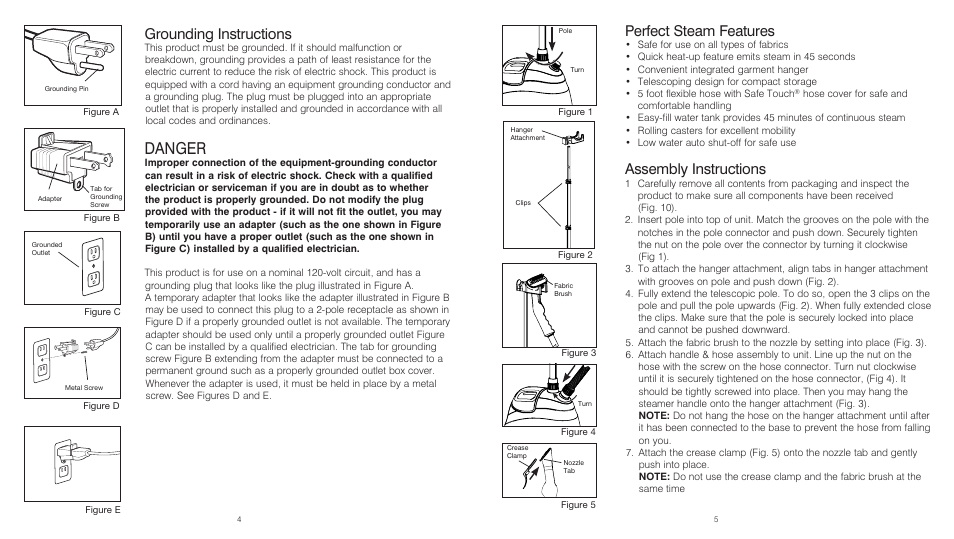 Danger, Grounding instructions, Perfect steam features | Assembly instructions | HoMedics PerfectSteam PS-250 User Manual | Page 3 / 12