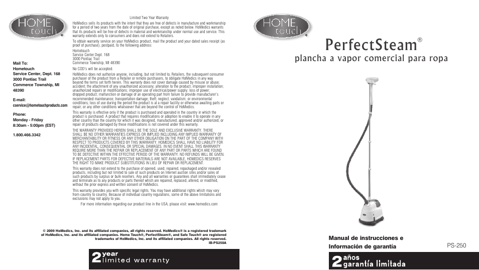 Perfectsteam, Plancha a vapor comercial para ropa, Ps-250 | HoMedics PerfectSteam PS-250 User Manual | Page 7 / 12