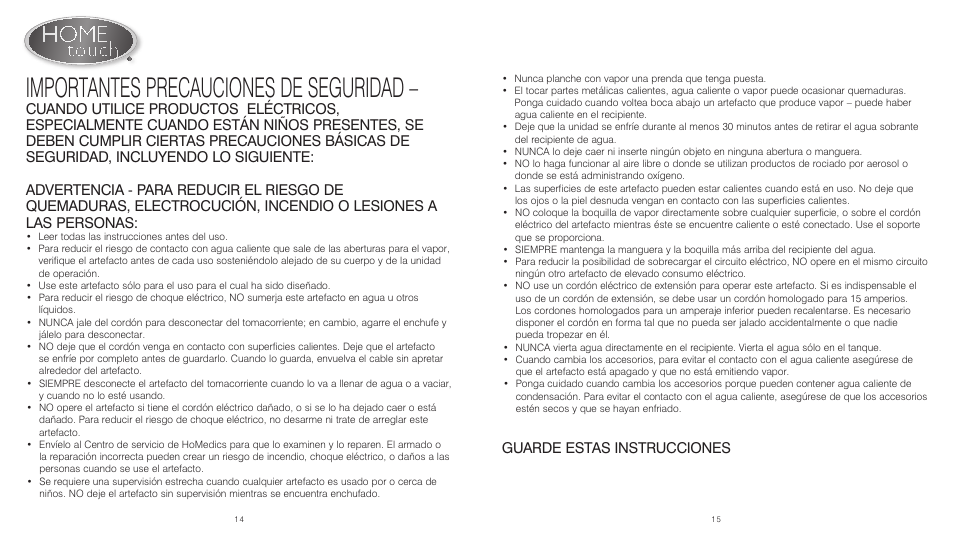 Importantes precauciones de seguridad, Guarde estas instrucciones | HoMedics PerfectSteam PS-250 User Manual | Page 8 / 12