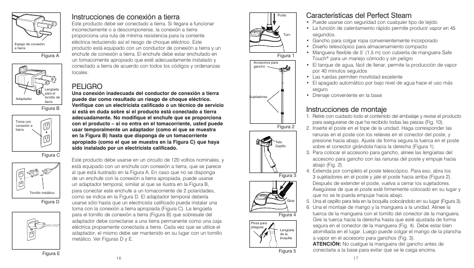 Instrucciones de conexión a tierra, Peligro, Características del perfect steam | Instrucciones de montaje | HoMedics PerfectSteam PS-250 User Manual | Page 9 / 12