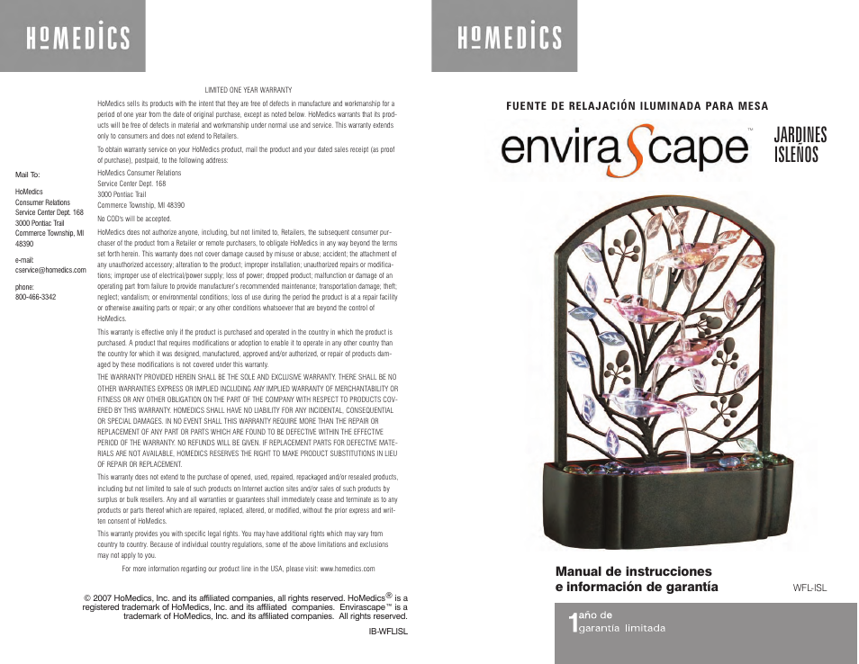 Jardines isleños, Manual de instrucciones e información de garantía | HoMedics EnviraScape WFL-ISL User Manual | Page 5 / 8