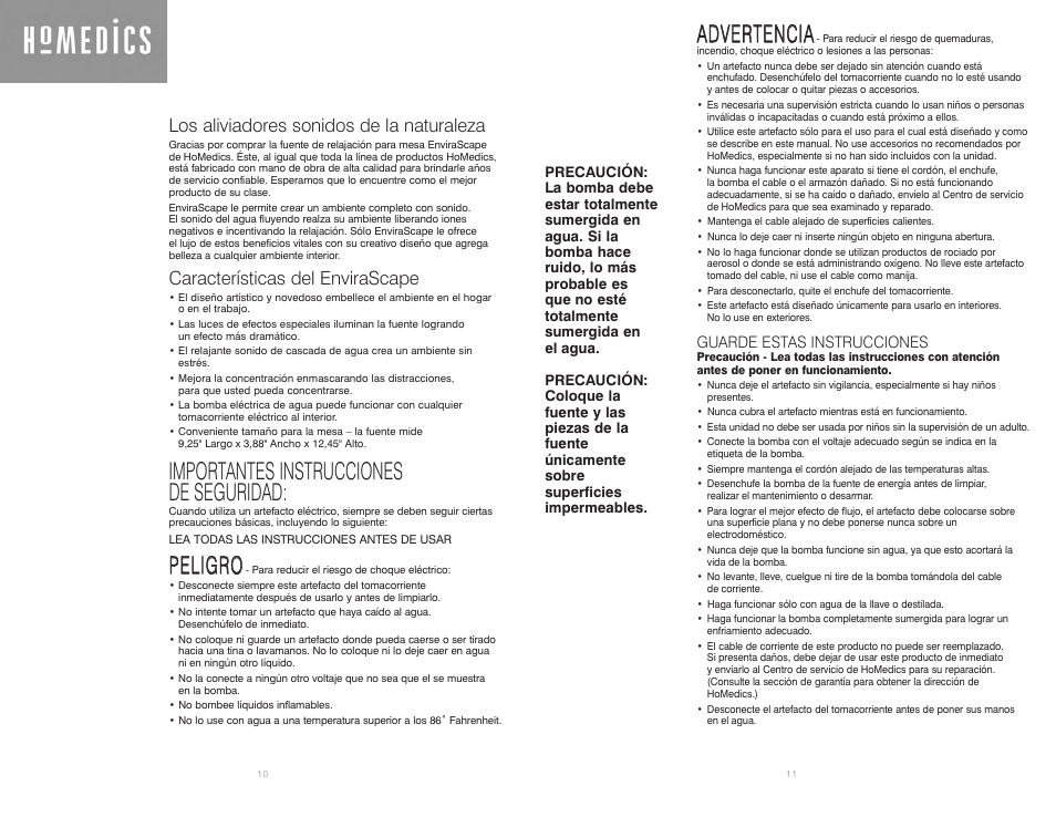 Importantes instrucciones de seguridad, Ppeelliig grro o, Aad dvveerrtteen ncciiaa | Los aliviadores sonidos de la naturaleza, Características del envirascape, Guarde estas instrucciones | HoMedics EnviraScape WFL-ISL User Manual | Page 6 / 8