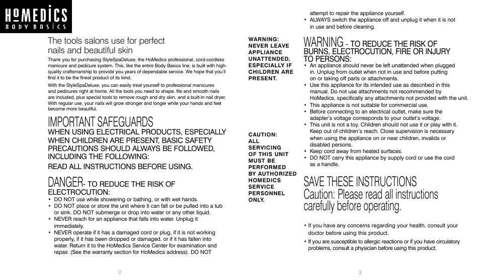 Important safeguards, Danger, Warning | HoMedics MAN-170 User Manual | Page 2 / 8