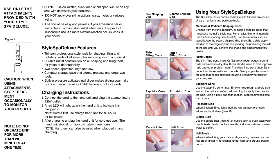 Stylespadeluxe features, Charging instructions, Using your stylespadeluxe | HoMedics MAN-170 User Manual | Page 3 / 8