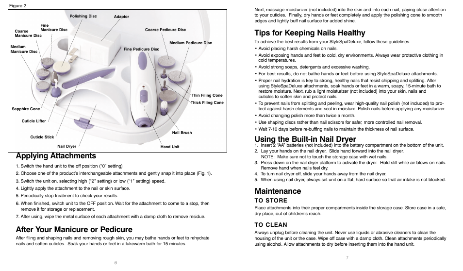 Applying attachments, After your manicure or pedicure, Tips for keeping nails healthy | Using the built-in nail dryer, Maintenance | HoMedics MAN-170 User Manual | Page 4 / 8